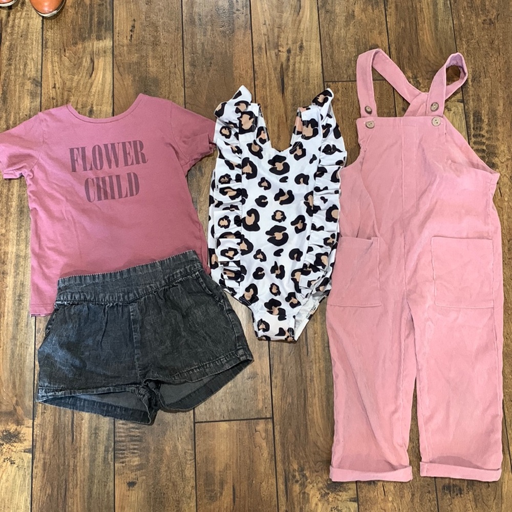 3t girls summer spring lot tee shorts swimsuit overalls jumpsuit pink leopard